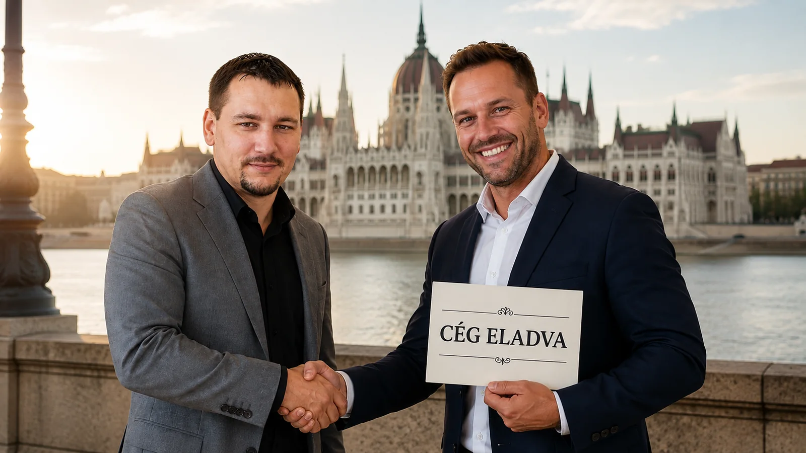 Kézfogás egy lezárt cégeladás után, háttérben az Országház